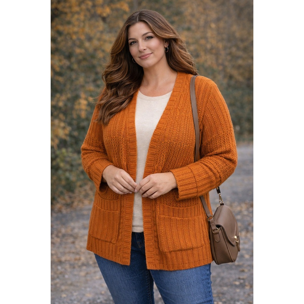 CJ Banks Cardigan Women 3X Orange Cable Knit Texture Fall Pumpkin Layer Sweater